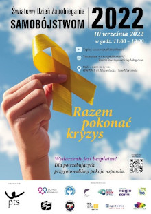 Plakat Światowego Dnia Zapobiegania Samobójstwom. Dłoń trzyma żółtą wstążkę na tle nieba