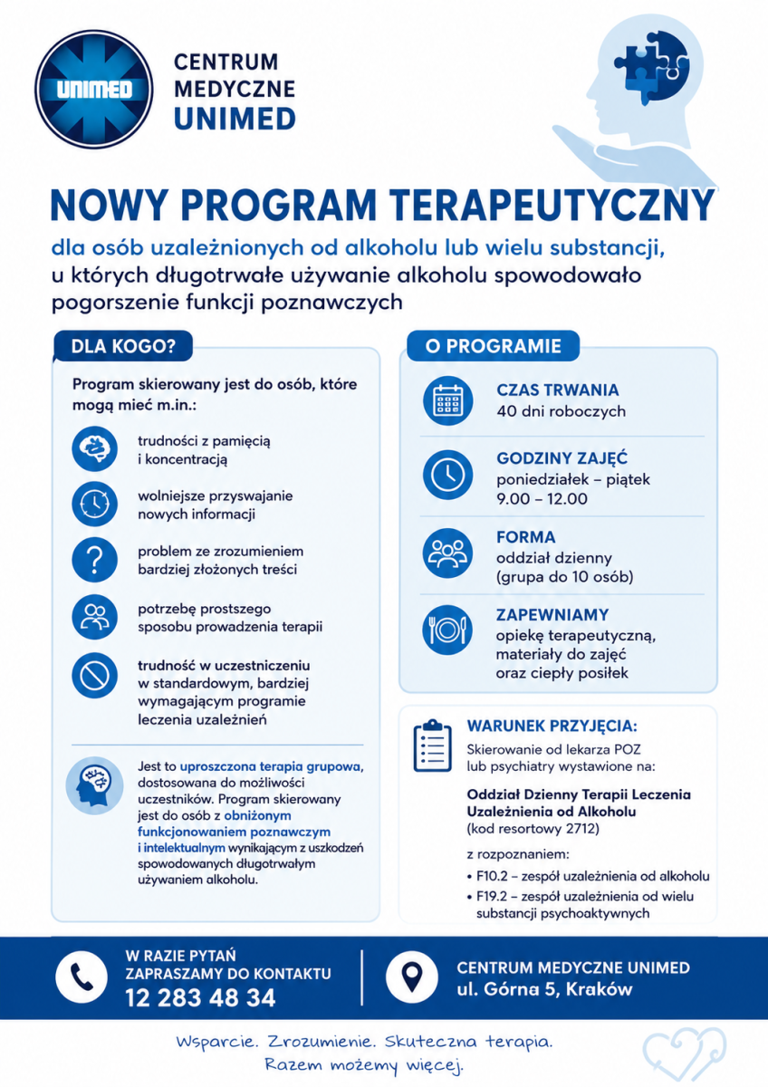 Plakat informacyjny Centrum Medycznego Unimed o nowym programie terapeutycznym